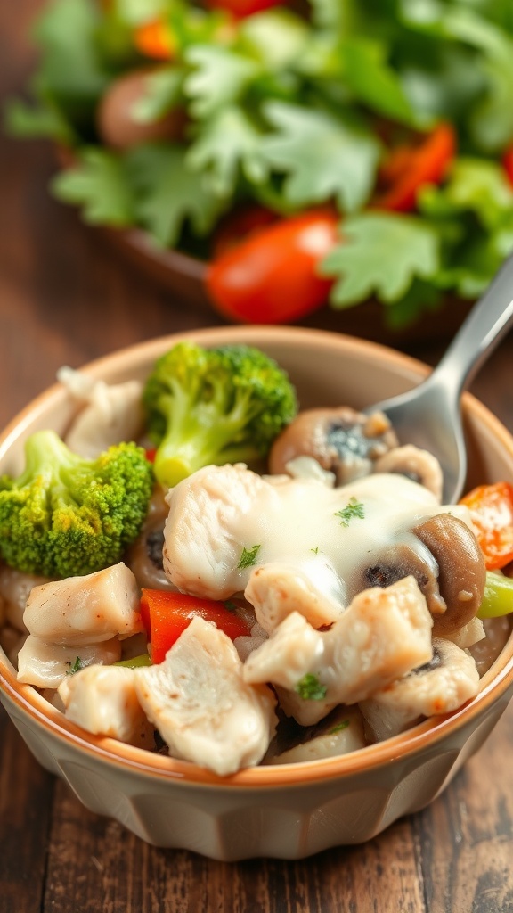 Healthy Chicken and Vegetable Casserole for Two Healthy chicken and vegetable casserole with broccoli, bell peppers, and melted cheese in a small dish.